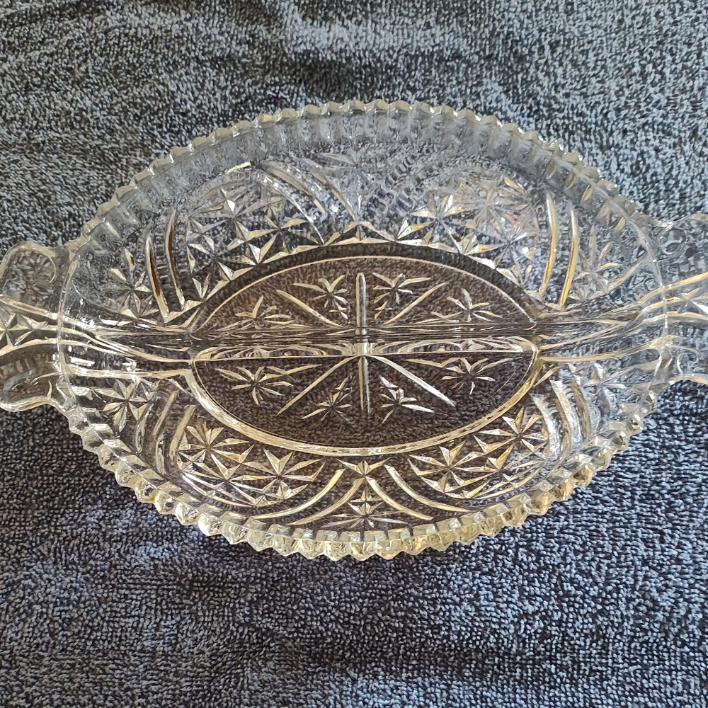 Vintage Anchor Hocking "Stars & Bars" Divided Relish Dish. Pressed Glass 1950's